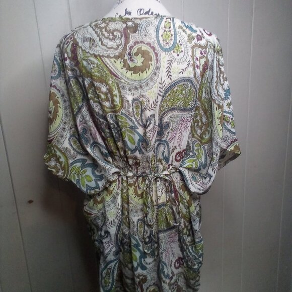 Paper Tee Blouse XL V-Neck Sheer Paisley Green Brown Blue - Picture 4 of 13